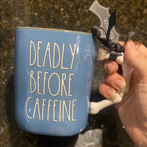 Rae Dunn Deadly Before Caffeine double sided Blue Skull Mug with Skeleton Handle - Picture 6 of 10